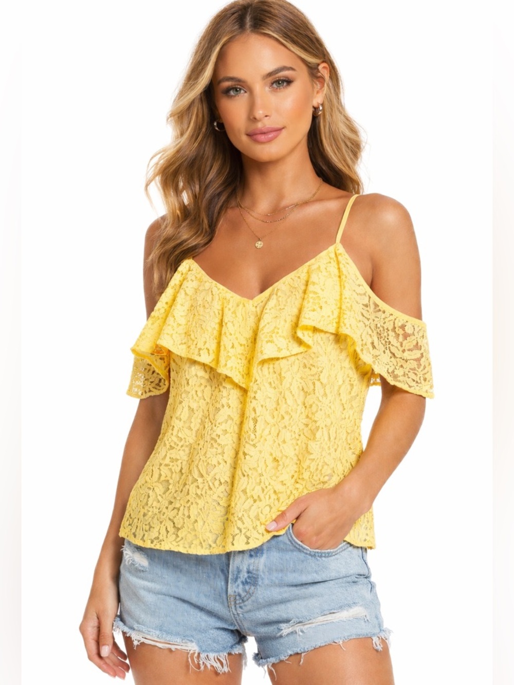 REVOLVE WAYF Cold Shoulder Yellow Lace Ruffle Top Size Small